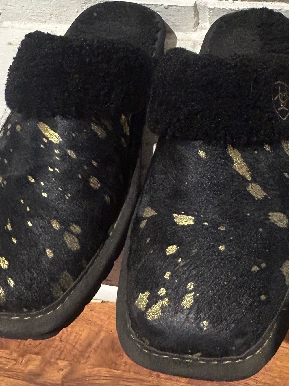 Ariat Black Faux Fur Mule Slippers with Gold Splatter